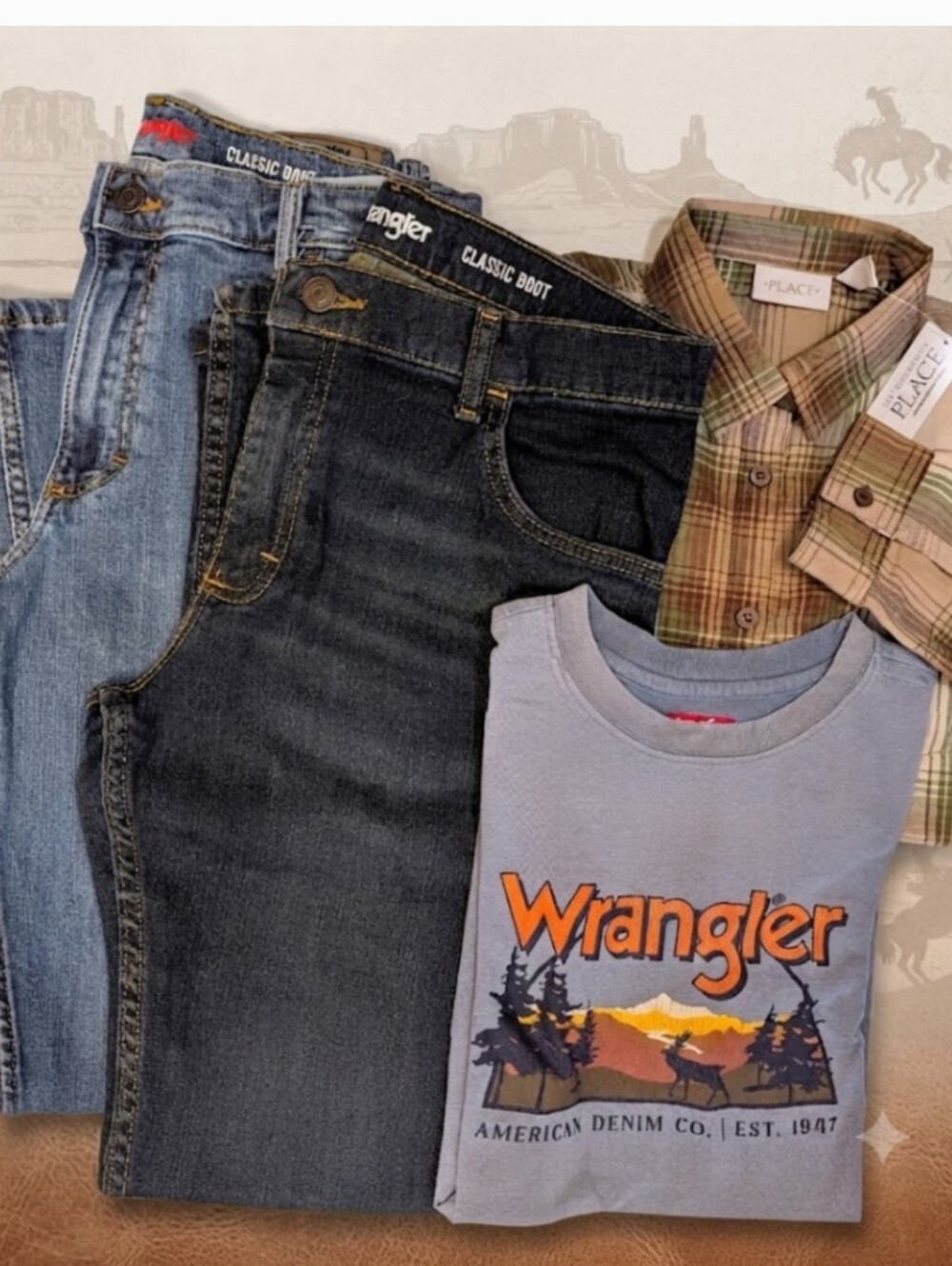 Boys Wrangler Bundle: 2 Pr 16 Husky Classic Bootcut Jeans And 2 Tops ( XXL)